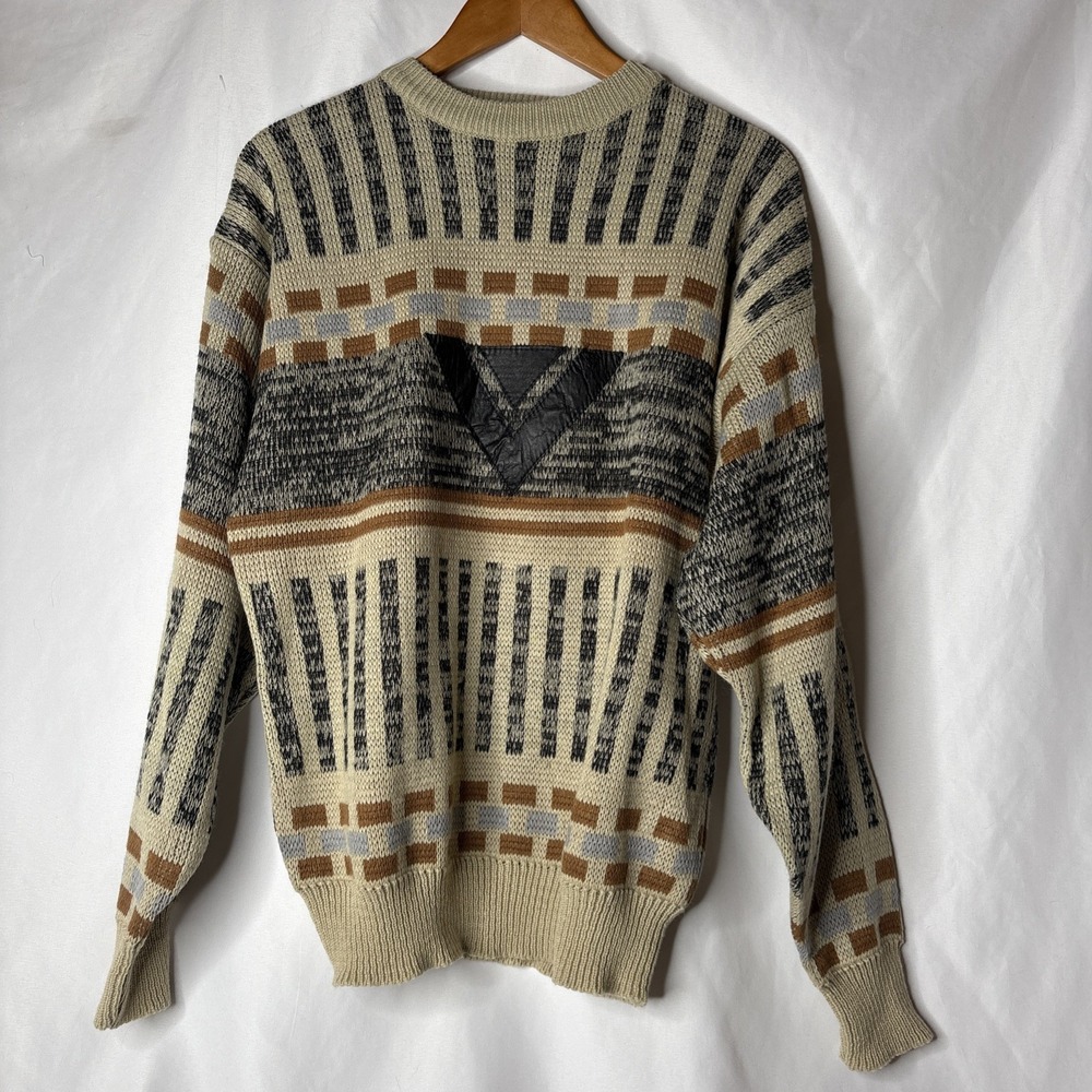 Vtg Alan‎ Stuart Men's M Geometric Knit Pullover Sweater Leather Accent Beige